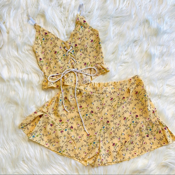 Pants - Yellow Floral 2 Pieces Set Romper Playsuit S